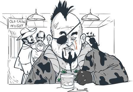 Vector illustration of vagrant man sitting at the barのイラスト素材