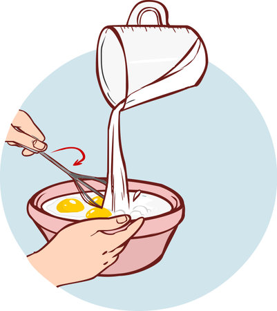 Mixing of Ingredients for Cooking Pancakes with Pouring Milk Vector Illustrationのイラスト素材
