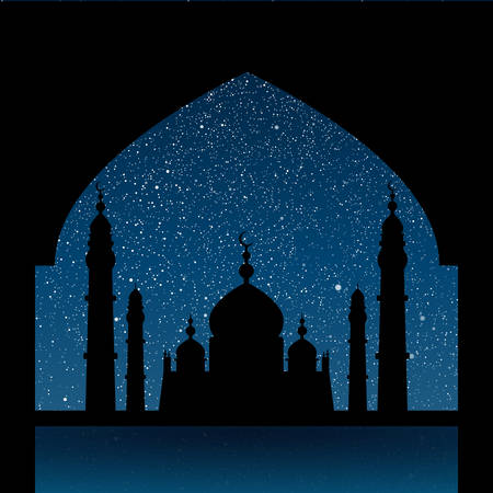 Vector background. Starry night sky. Stars, sky, night. Silhouette of the mosque on a background of the sky.のイラスト素材