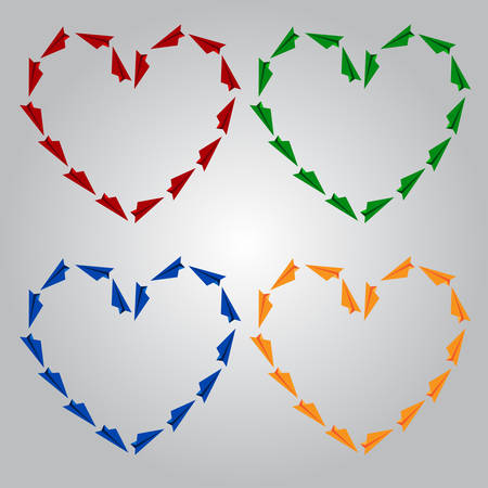 Multicolored heart of colored paper planes on a colorful background.のイラスト素材