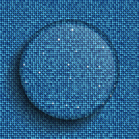 Vector glass circle button on shiny blue paillettes background . Sparkle glitter background. Glittering sequins wall.のイラスト素材