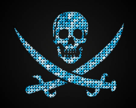 Silhouette of a skull and crossbones of the shop on a dark background.のイラスト素材