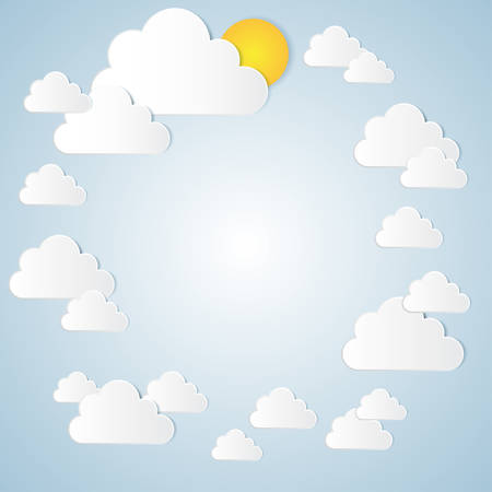 Presentation. Paper cloud with the sun in the blue sky. Space for your textのイラスト素材