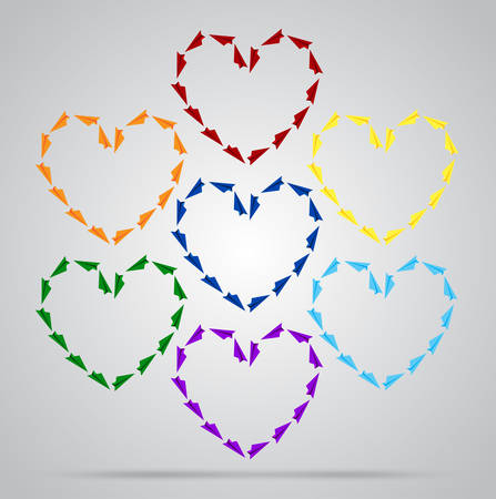 Multicolored heart of colored paper planes on a colorful background.のイラスト素材