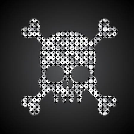 Silhouette of a skull and crossbones of silver sequins against a dark background.のイラスト素材