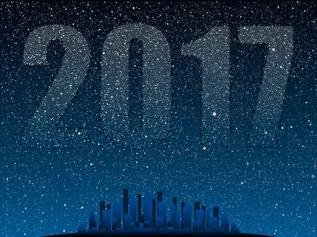 Vector background. Starry night sky. Stars sky night Silhouette of the city. 2017.
