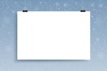 Falling snow vector. White splash on blue background. Winter snowfall hand drawn spray texture. Rectangle, white sheet.のイラスト素材