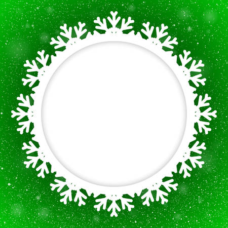 Vector Circle Frame Snowflake. Falling Snow. Green Winter Frame Background. Winter Snowfall. Holidays New Year and Merry Christmas.のイラスト素材