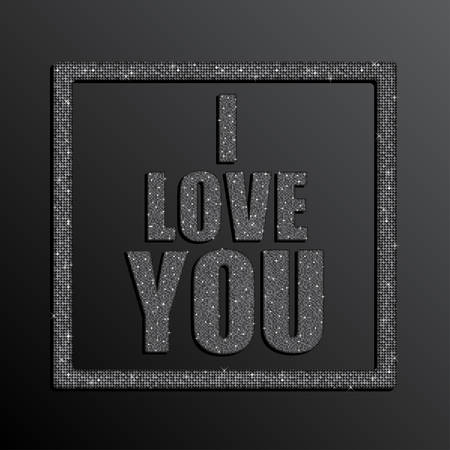 Valentines Day Card on 14 February. I Love You. Background for Banner Flyer, Poster, Sign, Web, Header. Blur Silver Text, Type for Valentines day, birthday. Mosaic sequins glitter sparkle stars.のイラスト素材
