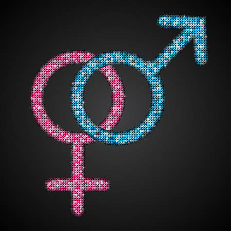 Gender Men and Women Blue Pink Sequins Flat Vector Simple Icon on dark Background. Mosaic, Sequins, Glitter, Sparkle, Stars. Stylish Vector Illustration for Web Design.のイラスト素材