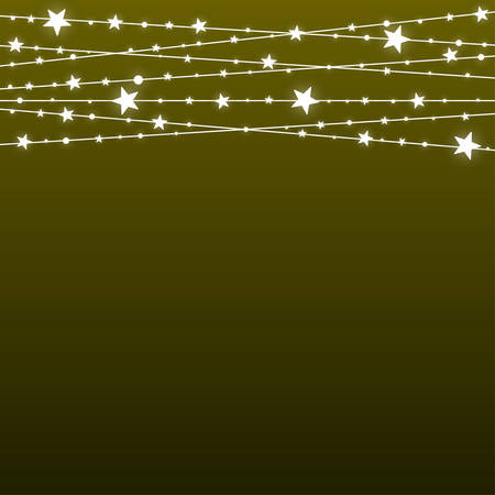 abstract background. Garland Star on Gold Golden Background. Bright White Light Bulbs Stars. Happy New Year and Merry Christmas. Winter Holiday Background. Background for Web Design.のイラスト素材