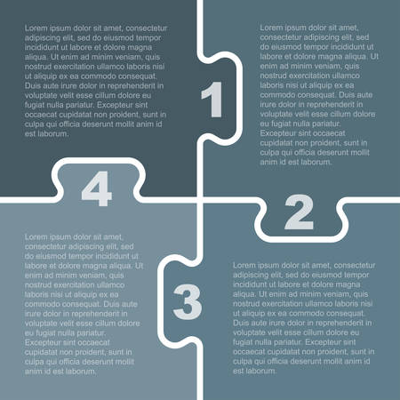 Four Grey Piece Puzzle Infographic Presentation. 4 Step Puzzle Square Business Diagram. Four Section Compare Service Banner. Vector Illustration Template Shape. Jigsaw Card. Puzzle Pieces.のイラスト素材