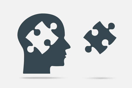 Grey Puzzle Piece Silhouette Head - Vector Illustration. Jigsaw Template. Vector Puzzle Object. Information Puzzle Design. Intellect Brain Thought, Head, Idea. Puzzle Head. Pieces in Head.のイラスト素材