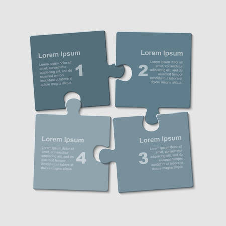 Puzzle Four Pieces Steps Parts for Business Presentation. Square Infographics. 4 Steps Process Diagram Card. Section Compare Service Banner. Infographics Puzzle Pieces.のイラスト素材