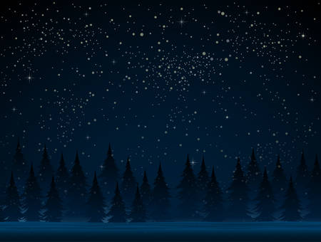 Dark Starry Blue Night with Falling Snow. White Splash on Blue Background. Winter Snowfall. Forest During a Snow Storm at Night. Christmas Trees. Snow, Forest, Night.のイラスト素材
