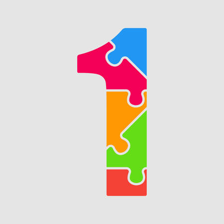 Vector Puzzle Jigsaw Figure or Number - 1. Gigsaw made of Colored Puzzle Pieces - Vector Illustration. Puzzle Font, Type, Alphabet, Figeres. Creative Toy Alphabet. Web Design and Graphic Vector.のイラスト素材
