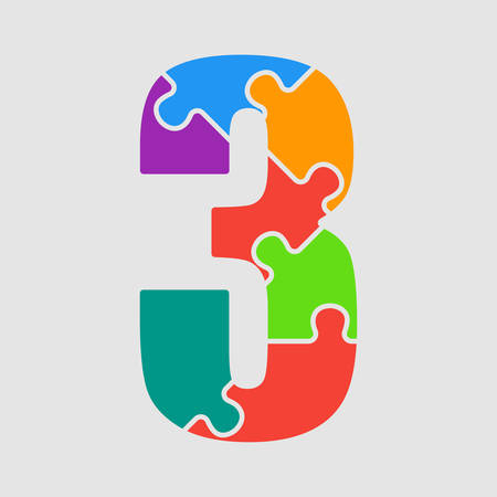 Vector Puzzle Jigsaw Figure or Number - 3. Gigsaw made of Colored Puzzle Pieces - Vector Illustration. Puzzle Font, Type, Alphabet, Figeres. Creative Toy Alphabet. Web Design and Graphic Vector.のイラスト素材