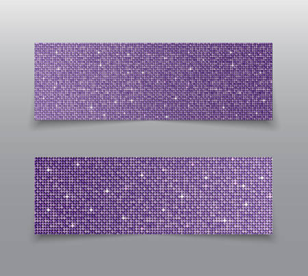 Banner Purple Sequins Background. Mosaic Sequins Glitter Sparkle, Stars, Glow. Disco Party Background with Shiny Purple Paillettes. Blank Empty Magazine, Book, Booklet, Flyer. Horizontal Booklet.のイラスト素材
