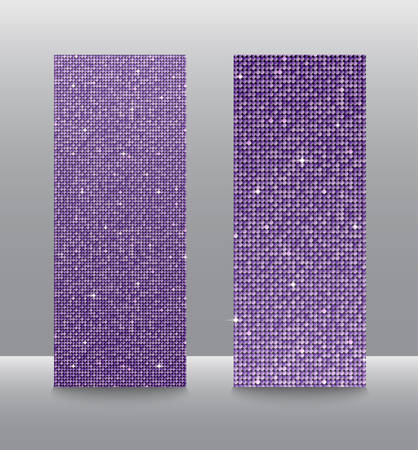 Banner Purple Sequins Background. Mosaic Sequins Glitter Sparkle, Stars, Glow. Disco Party Background with Shiny Purple Paillettes. Blank Empty Magazine, Book, Booklet, Flyer. Vertical Booklet.のイラスト素材