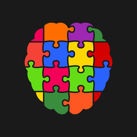 Colorful Puzzle Piece Silhouette Brain - Vector Illustration. Jigsaw Puzzle Brain. Vector Puzzle Object. Information. Intellect Brain Thought Head, Idea. Puzzle Pieces. Puzzles Pieces Brain.のイラスト素材