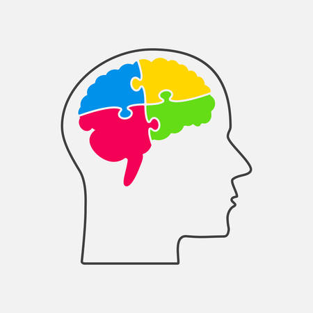 Colorful Puzzle Piece Silhouette Brain - Vector Illustration. Jigsaw Puzzle Brain. Vector Puzzle Object. Information. Intellect Brain Thought Head, Idea. Puzzle Pieces. Puzzles Pieces Brain.のイラスト素材