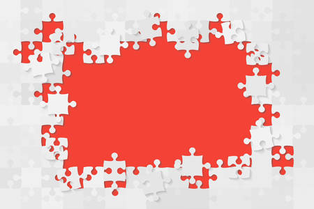 Red Background Puzzle. Jigsaw Banner. Vector Illustration Template Shape. Abstract Puzzle Background. Puzzle Game, Mosaic, Spread Out Mosaic Puzzle Tiles Background. Puzzles Pieces.のイラスト素材