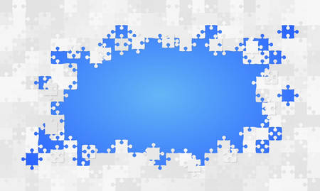 Blue Background Puzzle. Jigsaw Banner. Vector Illustration Template Shape. Abstract Puzzle Background. Puzzle Game, Mosaic, Spread Out Mosaic Puzzle Tiles Background. Puzzles Pieces.のイラスト素材