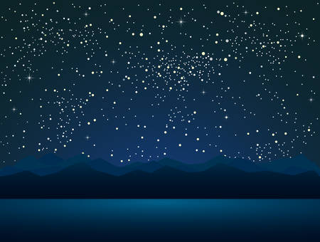 Starry Sky with Blue Glow Mountain range. Shining Stars Dark Sky. Background, Wallpaper. Night Sky, Dark Blue Outer Space with Bright Stars. Mountain, Hike, Climb. Mountain Peak.のイラスト素材