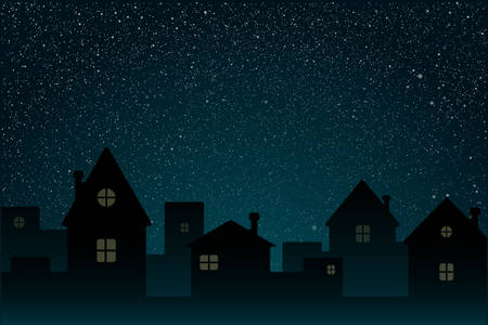 Realistic Starry Sky with Blue Glow. Shining Stars Dark Sky. Background, Wallpaper. Night Sky, Dark Blue Outer Space with Bright Stars. Shining Stars in Space. Night Houses, Street, Town, City.のイラスト素材