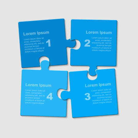 Puzzle Four Pieces Steps Parts for Business Presentation. Square Infographics. 4 Steps Process Diagram Card. Section Compare Service Banner. Infographics Puzzle Pieces.のイラスト素材