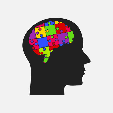 Colorful Puzzle Piece Silhouette Brain - Vector Illustration. Jigsaw Puzzle Brain. Vector Puzzle Object. Information. Intellect Brain Thought Head, Idea. Puzzle Pieces. Puzzles Pieces Brain.のイラスト素材