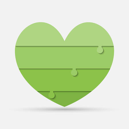 Green pieces puzzle of romantic heart. Jigsaw puzzle medical presentation infographic. Info love, business, relationship. Autism awareness. Four slices, pieces, parts heart. Four steps process.のイラスト素材