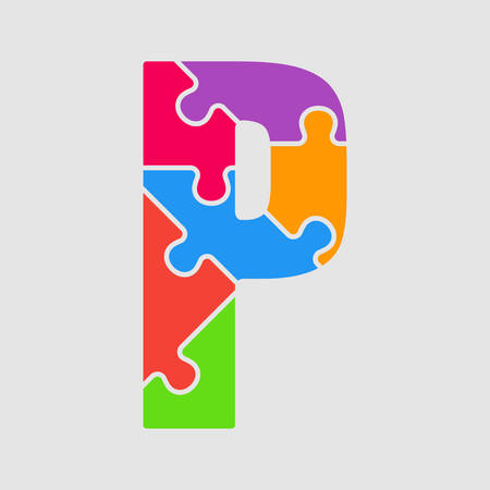Vector puzzle piece letter - P. Jigsaw font shape of colored, multicolor, colour pieces, parts, tiles. Puzzle type, alphabet, font. Creative toy children of pieces jigsaw. Education symbol.のイラスト素材