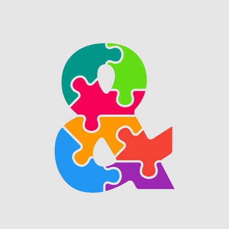 Vector puzzle piece sign ampersand mark. Jigsaw font shape of colored, multicolor, colour pieces, parts, tiles. Puzzle type alphabet font. Toy children of pieces jigsaw. Alarm, attention, error.のイラスト素材