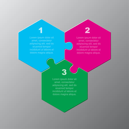 Three pieces puzzle hexagonal diagram. Hexagon business presentation infographic. 3 steps, parts, pieces of process diagram. Section compare banner. Jigsaw puzzle info graphic. Marketing strategy.のイラスト素材