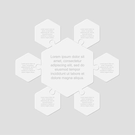 Six pieces puzzle hexagonal diagram. Hexagon business presentation infographic. 6 steps, parts, pieces of process diagram. Section compare banner. Jigsaw puzzle info graphic. Marketing strategy.のイラスト素材