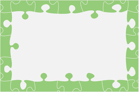 Pieces puzzle background, banner, blank. Vector jigsaw section template isolated. Background with puzzle green mosaic, details, tiles, parts. Rectangle outline frame jigsaw. Game group detail.のイラスト素材