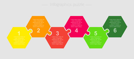 Six pieces puzzle hexagonal diagram. Hexagon business presentation infographic. 6 steps, parts, pieces of process diagram. Section compare banner. Jigsaw puzzle info graphic. Marketing strategy.のイラスト素材