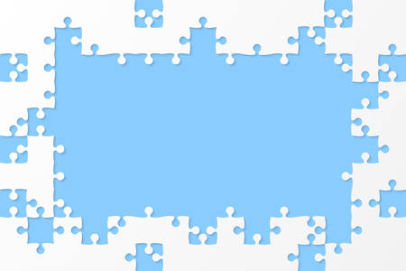 Pieces puzzle blue background, banner, blank. Vector jigsaw section template isolated. Background with puzzle white mosaic, details, tiles, parts. Rectangle outline frame jigsaw. Game group detail.のイラスト素材