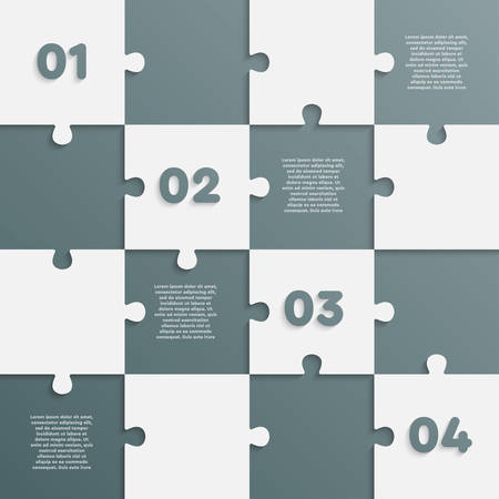Sixteen pieces puzzle squares diagram. Squares business presentation infographic. 16 steps, parts, pieces of process diagram. Section compare banner. Jigsaw puzzle info graphic. Marketing strategy.のイラスト素材