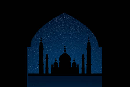 Silhouette mosque on starry night sky with blue glow. Shining stars on the dark sky. Arab night. Modern arabic banner, background, card, backdrop. Dome of mosque arabic month. Traditional holiday.のイラスト素材