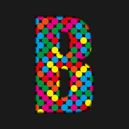 Vector sequins letter - B. Glitter font shape of colored dots, points, circles. Sequin type, alphabet, font. Creative disco club bright sparkle. Multi color glitters, sparkles, paillettes letters.のイラスト素材