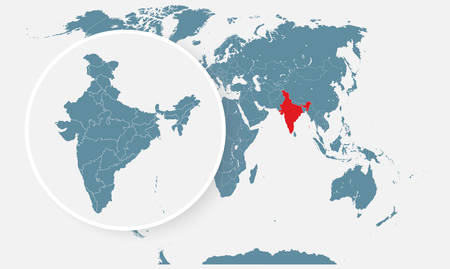 Detailed vector India country outline border map isolated on background. Divided on state, region, area, province, territory, department for your report, infographic, backdrop, business concept.のイラスト素材