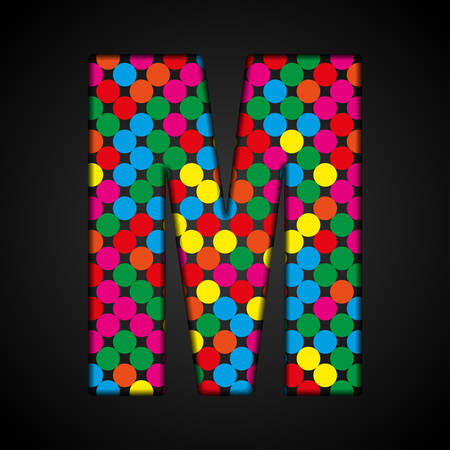 Vector sequins letter - M. Glitter font shape of colored dots, points, circles. Sequin type, alphabet, font. Creative disco club bright sparkle. Multi color glitters, sparkles, paillettes letters.のイラスト素材