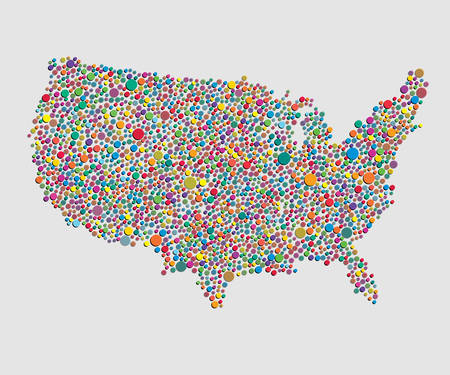 Creative vector United States of America country map creative dots isolated on background. Flat state template for trip, pattern, celebration poster. National beautiful points modern sign conceptのイラスト素材