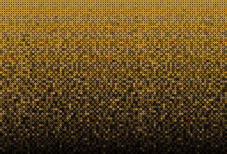 Gold sequins, glitters, sparkles, paillettes, mosaic background template. Abstract luxury halftone vector creative backdrop. Glitter rounds gradient trendy. Vibrant golden shiny dots glitter texture.のイラスト素材