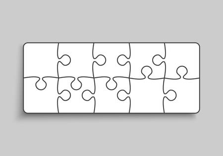 Background made with 10 white pieces puzzle. Vector rectangle banner jigsaw template with particles, details, tiles, parts. Frame pattern for education and presentation with element piece puzzle.のイラスト素材