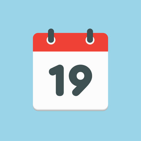 Vector icon calendar day - number 19. Days of the year. Vector illustration flat style. Date day of month Sunday, Monday, Tuesday, Wednesday, Thursday, Friday, Saturday. Holidays date.のイラスト素材