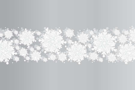 Merry Christmas and New Year celebration white background with shining snow and big white snowflakes. Winter vector background, banner, poster, card, frame.のイラスト素材
