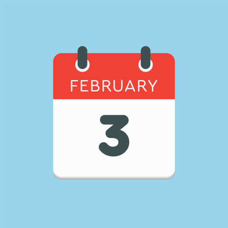 Icon page calendar day - 3 February. 3th days of the month, vector illustration flat style. Date day of week Sunday, Monday, Tuesday, Wednesday, Thursday, Friday, Saturday. Winter holidays in Februaryのイラスト素材